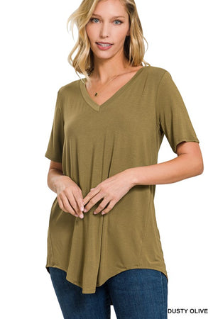 ZENA LUXE RAYON SHORT SLEEVE V-NECK HI-LOW HEM TOP