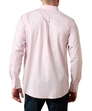 A man viewed from the back wearing a light pink long-sleeve button-up shirt and dark blue jeans against a plain white background.