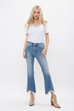 HIGH RISE CROP FLARE W/ UNEVEN HEM