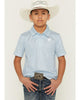 Young boy wearing a light blue patterned polo shirt, white cowboy hat, and jeans with a belt buckle on a plain background.