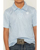 Person wearing a light blue patterned polo shirt with a visible brand logo.