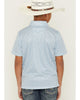 Person wearing a blue patterned shirt and a white cowboy hat on a plain background