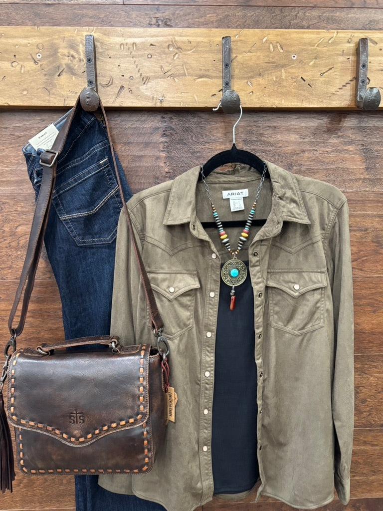 An olive green western-style button-up shirt