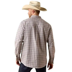 Man wearing a plaid shirt, jeans, and a cowboy hat on a white background