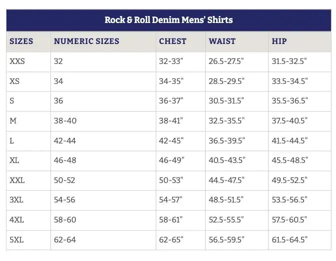 A size chart table for Rock Roll Denim Men's Shirts, showing sizes XXS through 5XL with numeric sizes, chest, waist, and hip measurements in inches.