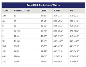 A size chart table for Rock Roll Denim Men's Shirts, showing sizes XXS through 5XL with numeric sizes, chest, waist, and hip measurements in inches.
