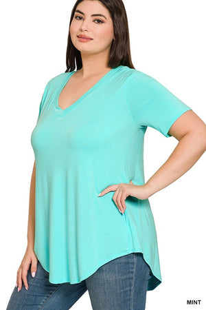 PLUS LUXE RAYON SHORT SLEEVE V-NECK HI-LOW HEM TOP