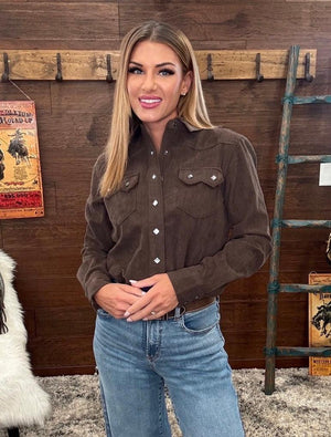 Dark brown western-style button-down shirt with silver studs and chest pockets,
