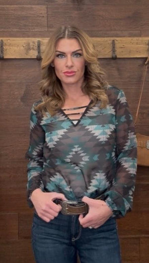 Turquoise and black Aztec patterned long-sleeve sheer blouse with