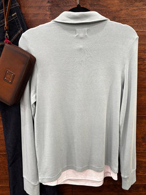 light blue long-sleeve button-up shirt.