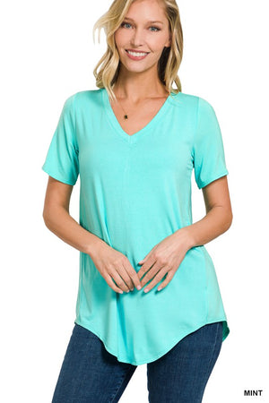 ZENA LUXE RAYON SHORT SLEEVE V-NECK HI-LOW HEM TOP