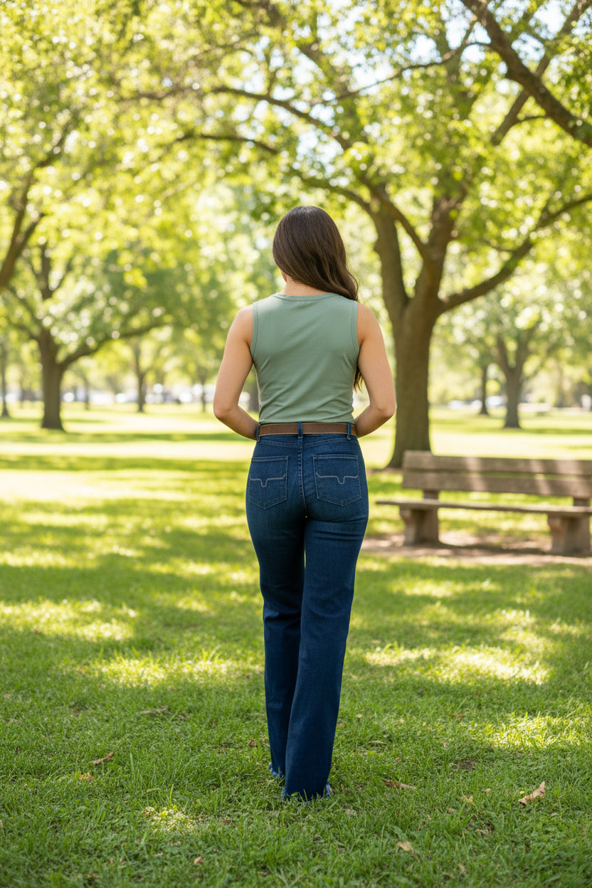Kimes Ranch dark blue denim jeans.