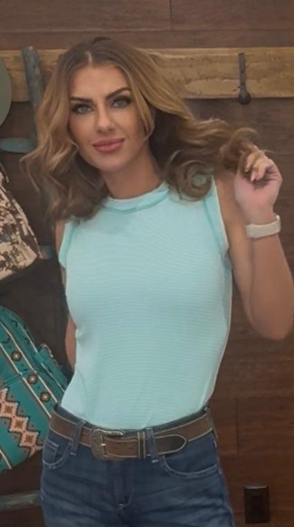 Sleeveless turquoise striped top