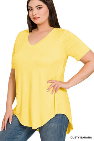 PLUS LUXE RAYON SHORT SLEEVE V-NECK HI-LOW HEM TOP