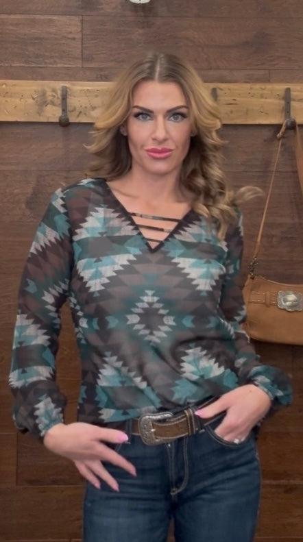 Turquoise and black Aztec patterned long-sleeve sheer blouse with