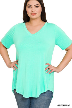 PLUS LUXE RAYON SHORT SLEEVE V-NECK HI-LOW HEM TOP