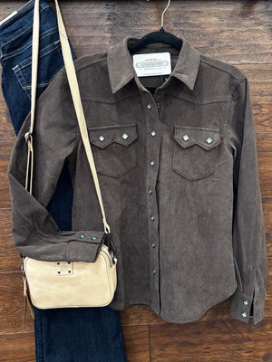 Dark brown western-style button-down shirt with silver studs and chest pockets,