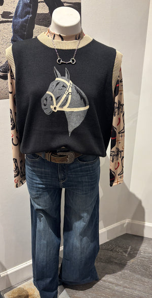 Cozy sweater vest with a charming retro horse graphic. Its soft, neutral palette makes it versatile for layering.