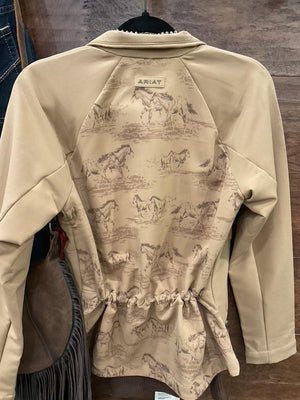 A tan zip-front jacket with a subtle horse-and-rider print.
