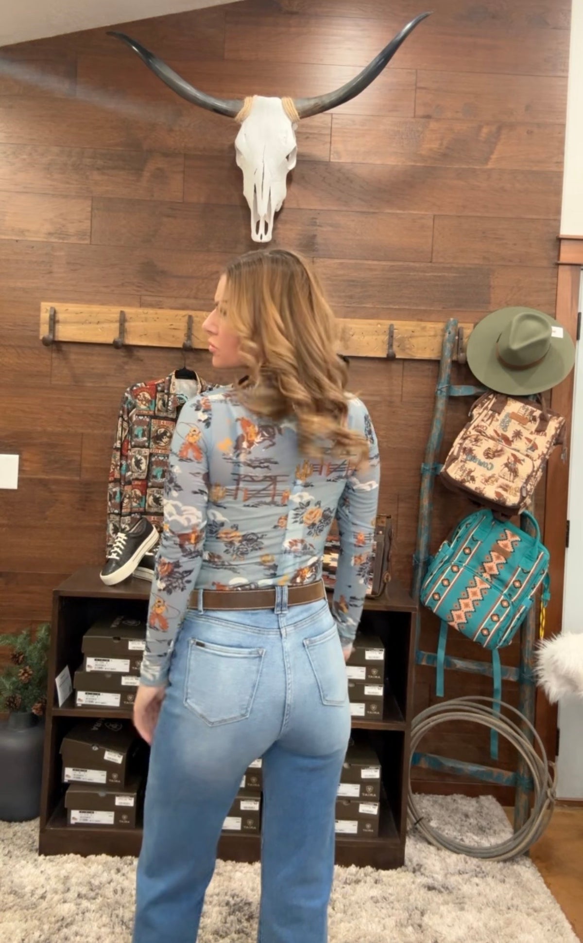 Cruel Girl Women's Blue Cowgirl Print Long Sleeve Mesh