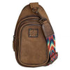 Brown leather sling bag with visible brand logo on a white background