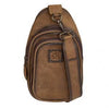 Brown leather sling bag with visible brand logo on a white background