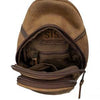 Brown leather sling bag with visible brand logo on a white background