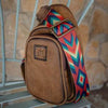 Brown leather sling bag with visible brand logo on a white background