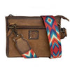 Brown leather crossbody bag with a colorful strap on a white background