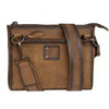 Brown leather crossbody bag with visible brand logo on a white background