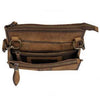 Brown leather bag with multiple compartments on a white background