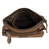 Brown leather pouch with zippers on a white background