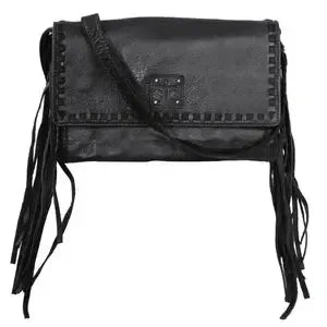 Black leather handbag with fringe details on a white background