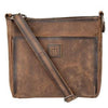 Brown leather bag with a visible brand logo worn by a person.