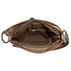 Brown leather bag with visible stitching on a white background