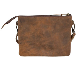 Brown leather crossbody bag on a white background