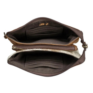 Brown leather bag with 'LOOK UP.' text on a white background