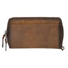 Brown leather wallet with zippers on a white background