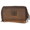 Brown leather clutch bag with visible brand logo on a white background
