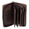 Brown leather wallet with multiple compartments on a white background