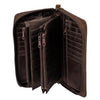 Brown leather wallet with multiple compartments on a white background