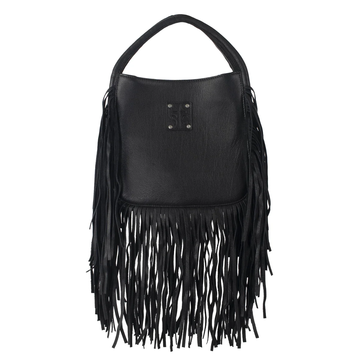 Black leather handbag with fringe details on a white background