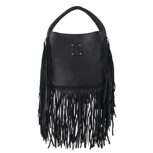 Black leather handbag with fringe details on a white background