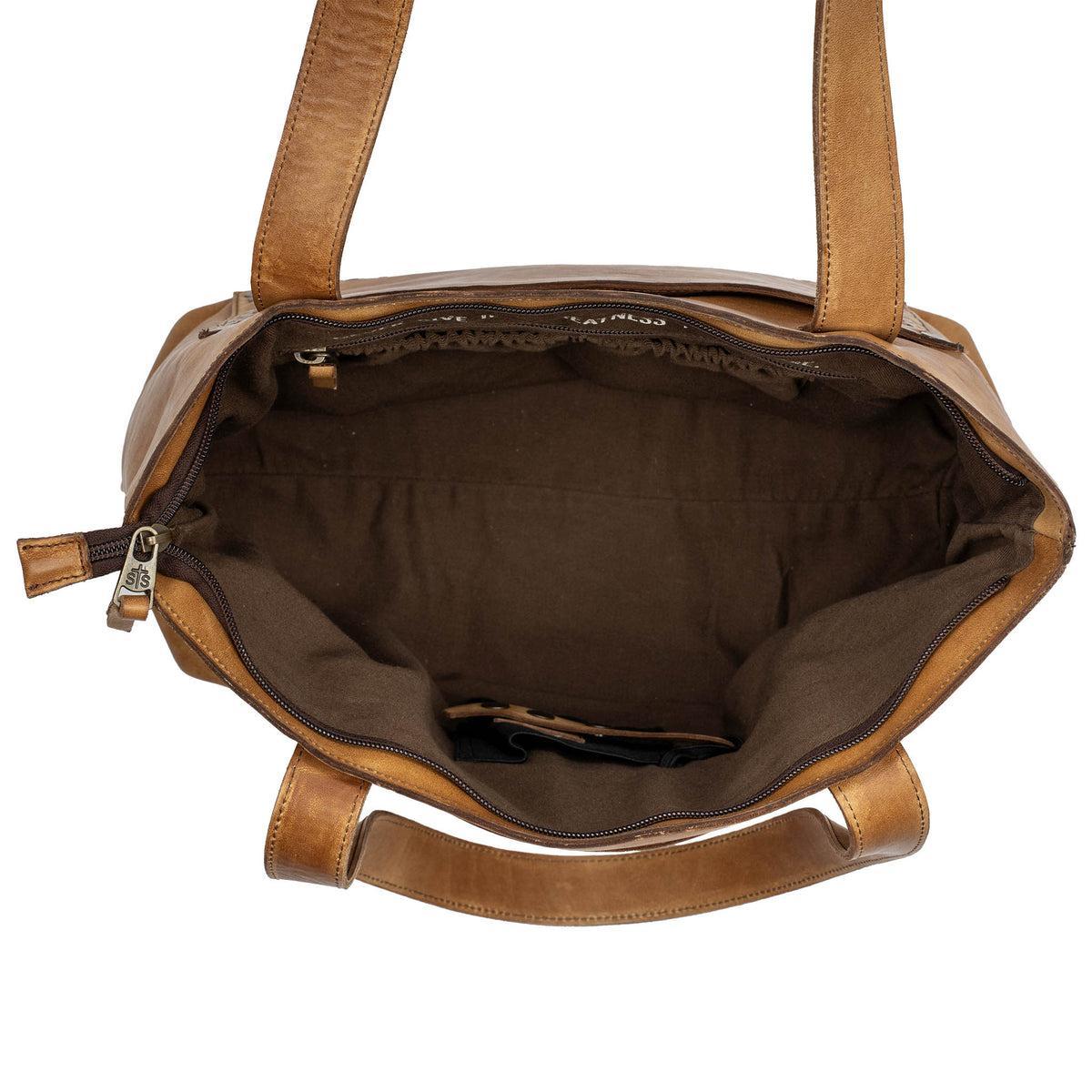 Brown leather bag with open front compartment on a white background