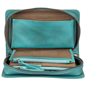 Open teal leather bag with brown interior on a white background