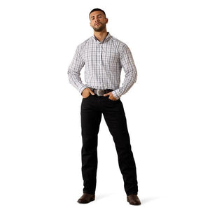 Plaid pattern shirt with black, white, and purple colors