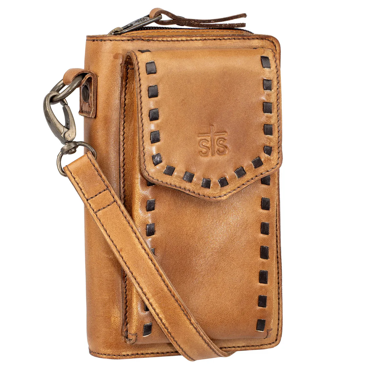 Brown leather wallet with studded details and a strap on a white background