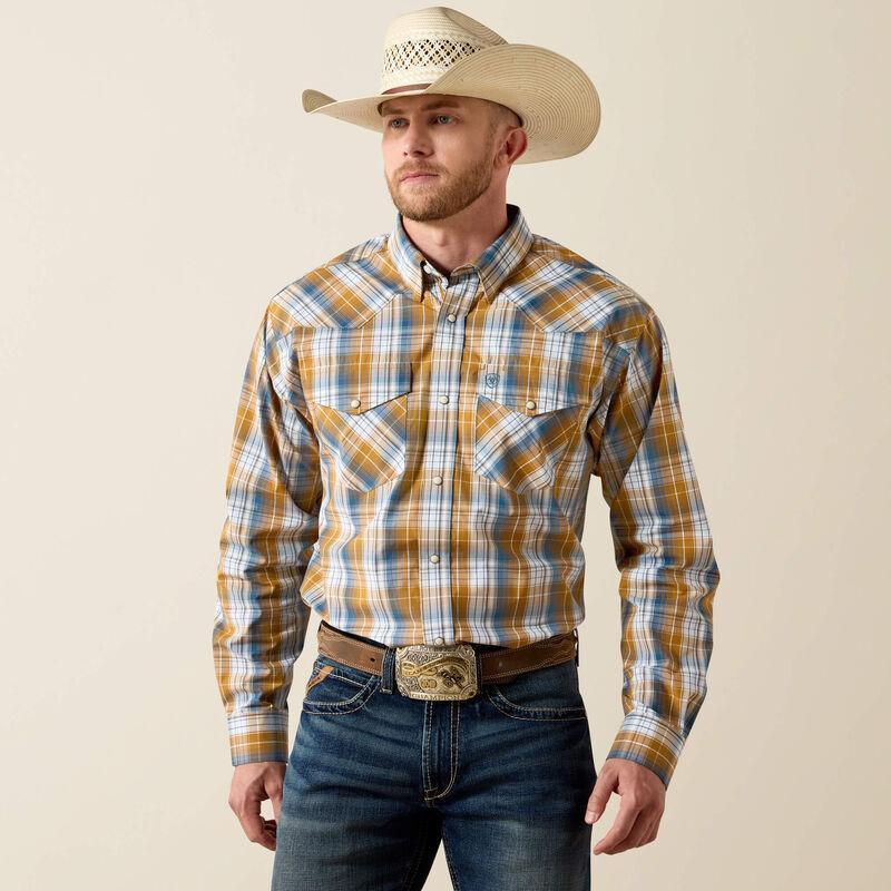 Golden brown ,blue and white plaid western snap shirt