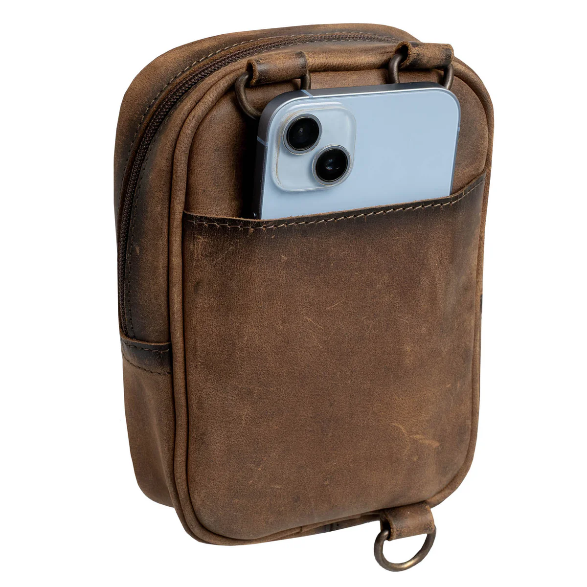 Brown leather pouch with a phone inside on a white background