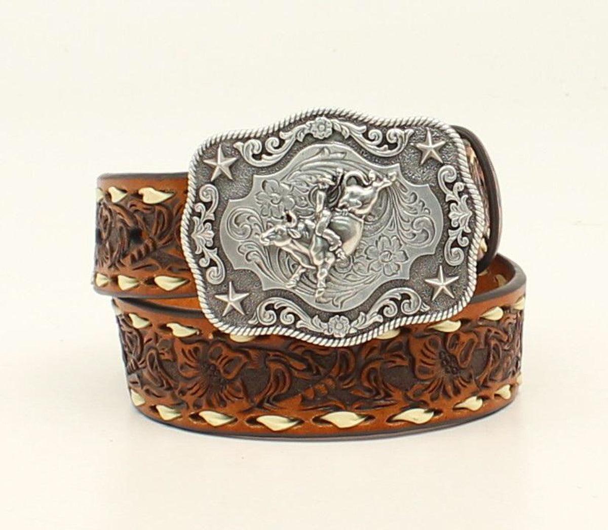 Nocona boy&rsquo;s belt floral embossing with a laced edge and a fixed motif buckle.